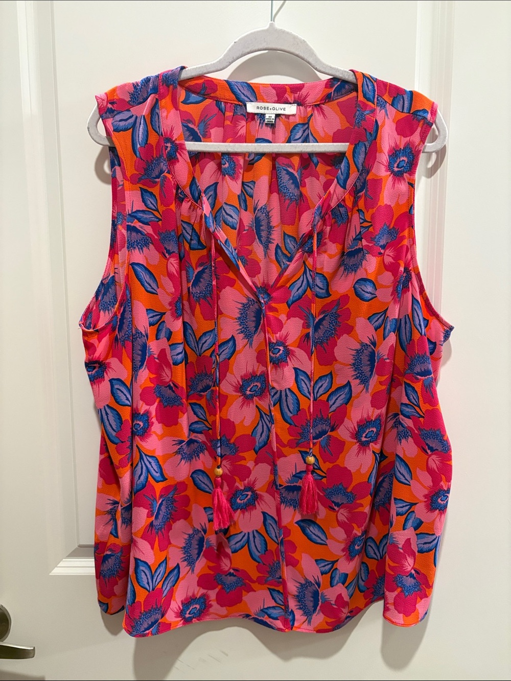 Rose & Olive Vibrant Pink and Orange Floral Tassel V-Neck Tank
